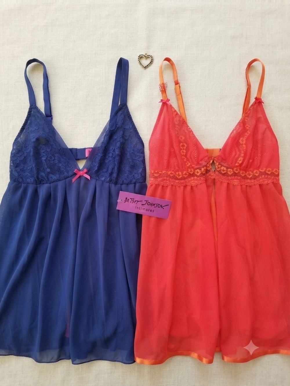 Betsey Johnson Navy & Coral Lace Babydoll Chemises - Twin Pack
